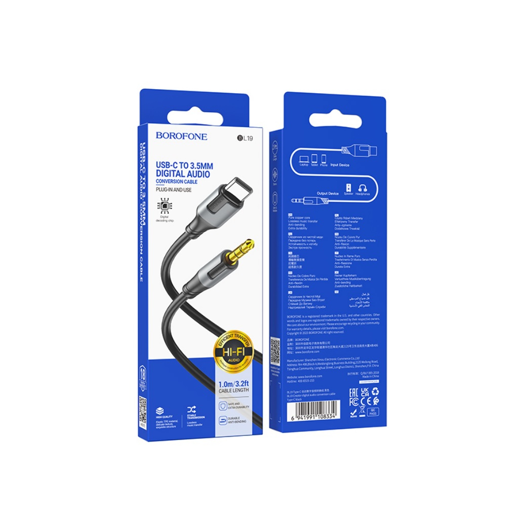 Кабель Borofone BL19 AUX 3.5mm Type-c, 1 м, для наушников, черный