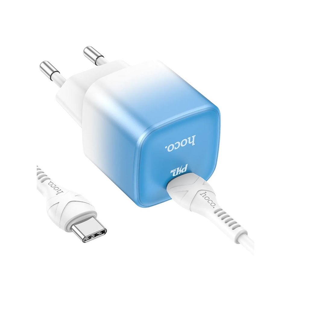 Блок зарядный Hoco C101A, 1xPD, Type-C, 20W, с кабелем Type-C-Type-C, белый с голубым 