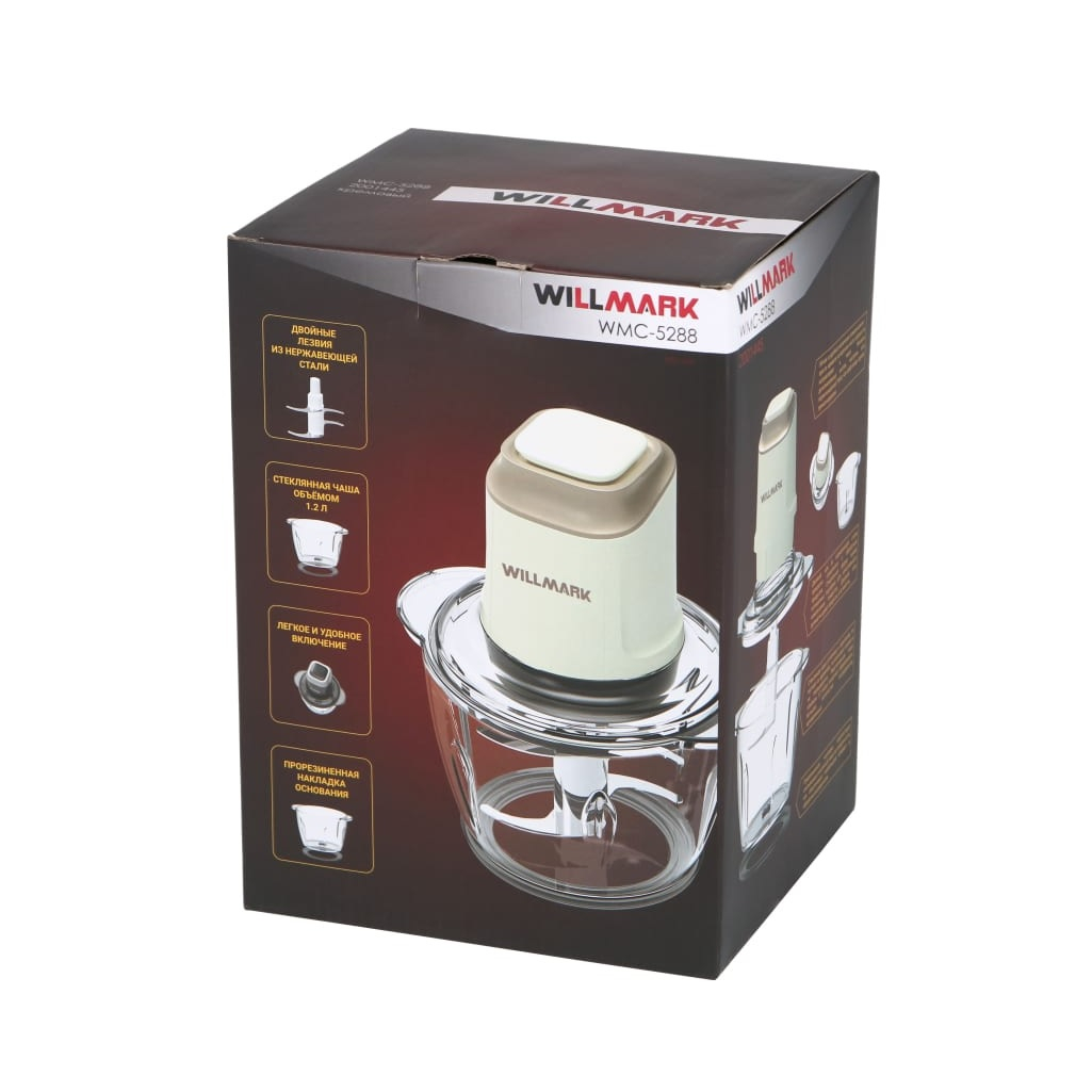Измельчитель Willmark WMC-5288, 2001445, стеклянная чаща 1.2 л, двойные лезвия, корпус из пластика, кремовый
