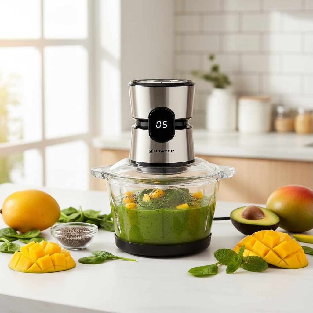 Измельчитель Brayer BR1409 800 Вт, стеклянная чаша 2 л, LED дисплей, 4 лезвия из нержавеющей стали