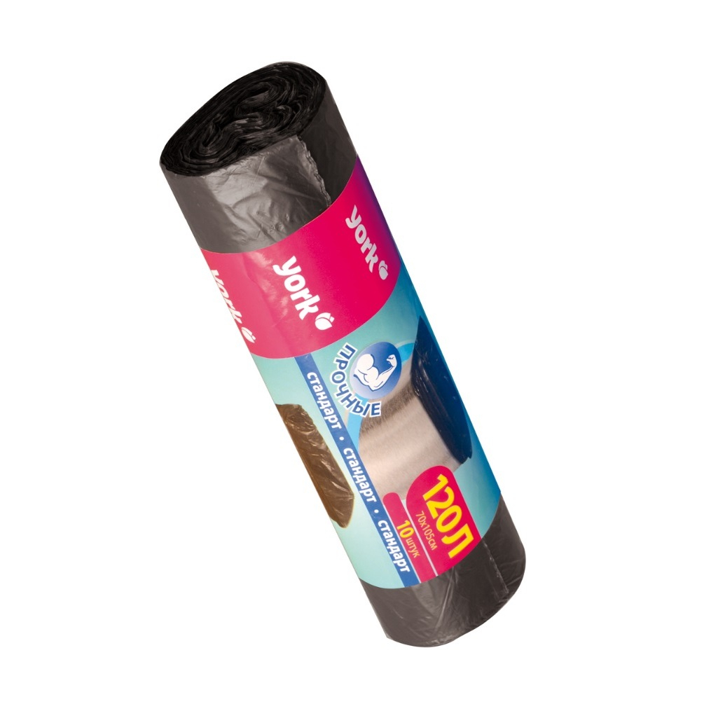 Мешки для мусора York прочные, 120 л, 13 мкм, без завязок, 70х105 см, черные, 10 шт