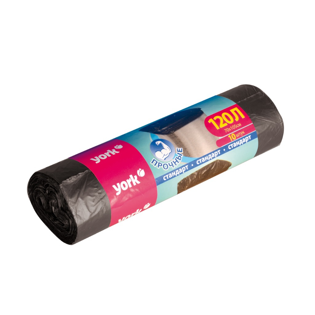 Мешки для мусора York прочные, 120 л, 13 мкм, без завязок, 70х105 см, черные, 10 шт