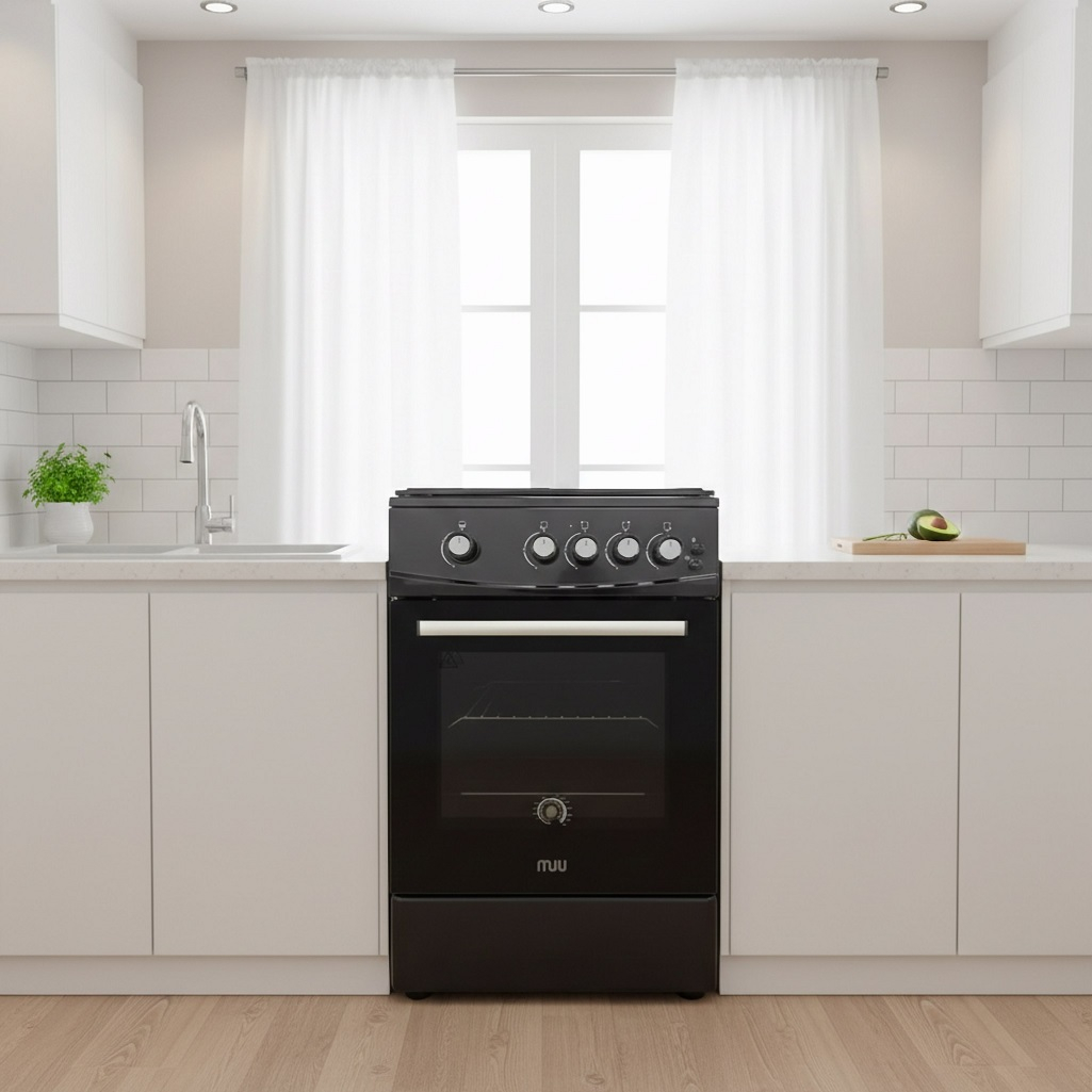 Плита комбинированная MIU UNO 51S, цвет черный, объем электродуховки 52.8 л, откидная дверца