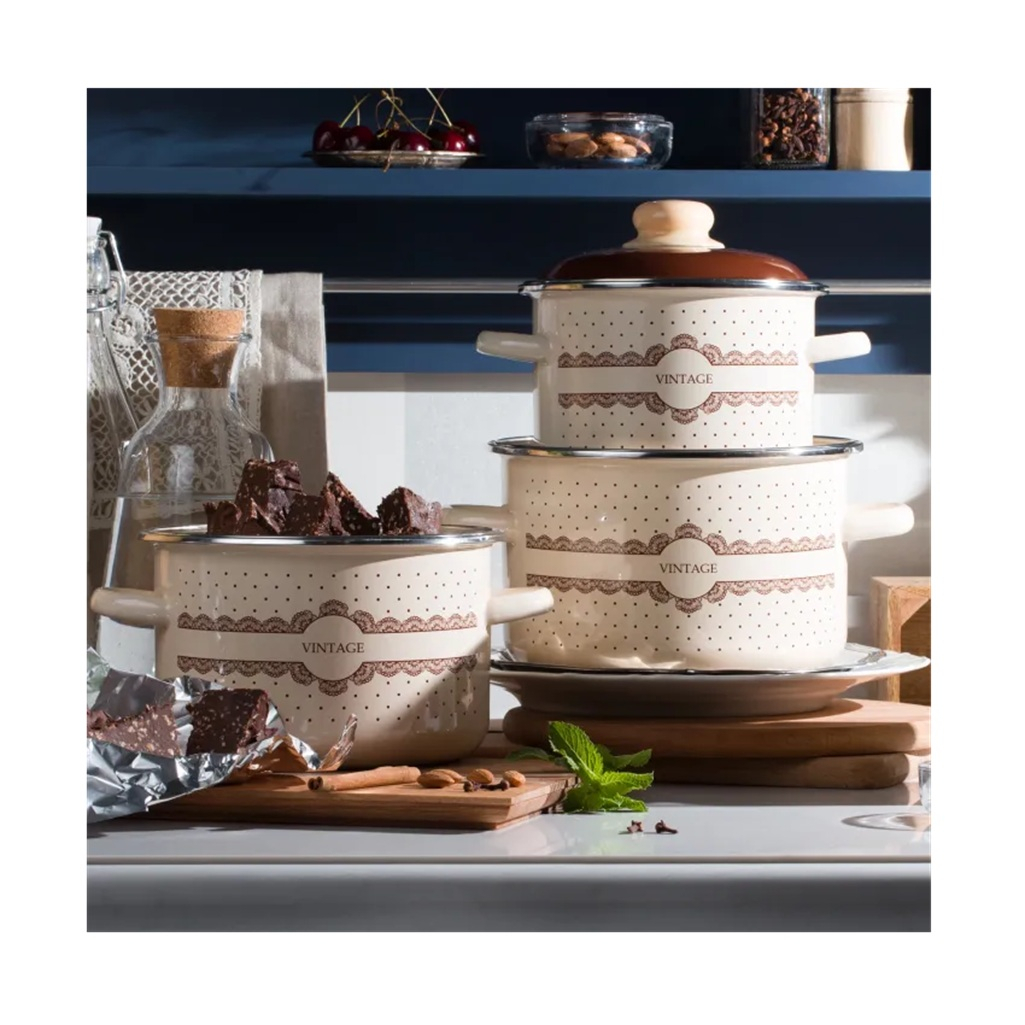 Набор эмалированных кастрюль Стальэмаль №19 Vintage, бежевый, 2 л, 3 л, 5.5 л