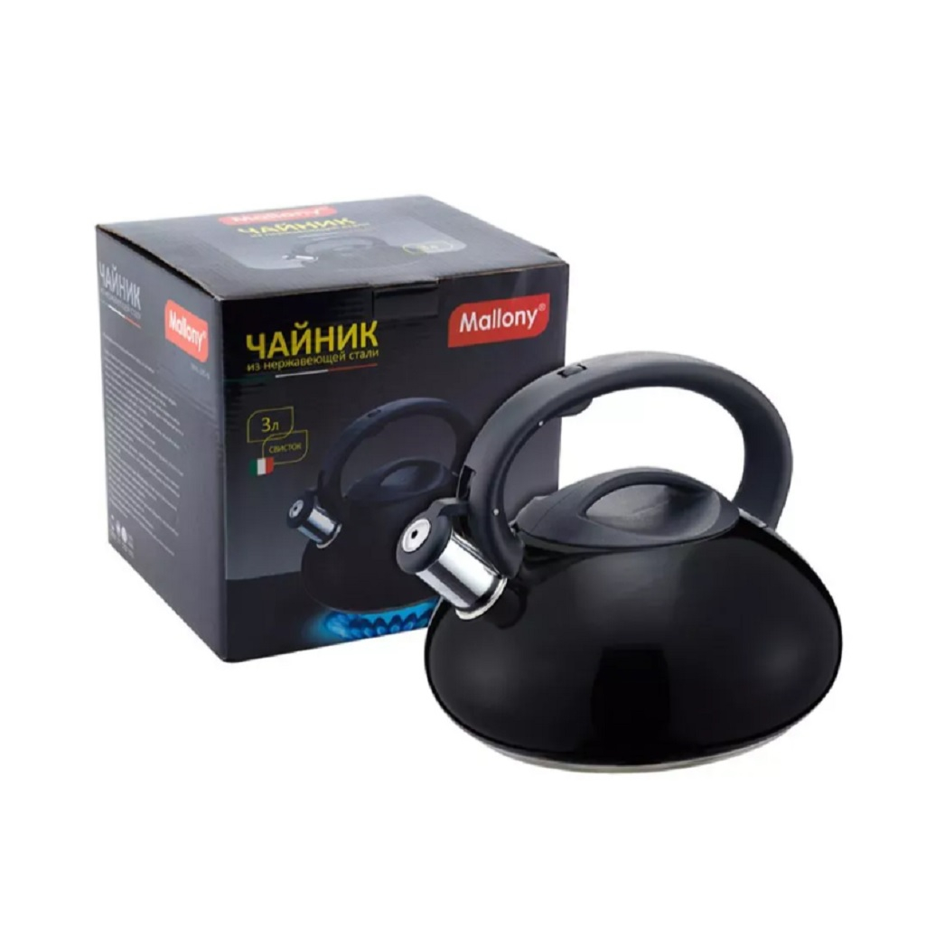 Чайник матовый Mallony MAL-105-N, нержавеющая сталь, черный, со свистком, индукция, 3 л