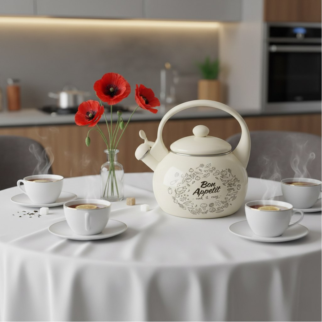 Чайник эмалированный Daniks Bon Appetit, бежевый, со свистком, индукция, 2.2 л