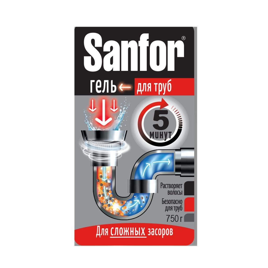 Средство чистящее Sanfor для канализационных труб, гель, 750 г