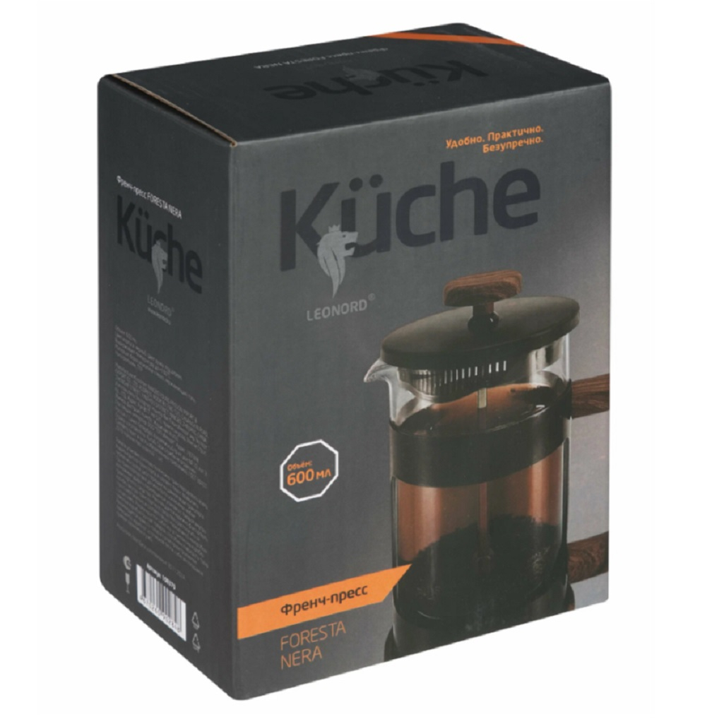 Френч-пресс Leonord Foresta Nera, объем 600 мл, стекло, нержавеющая сталь, черный