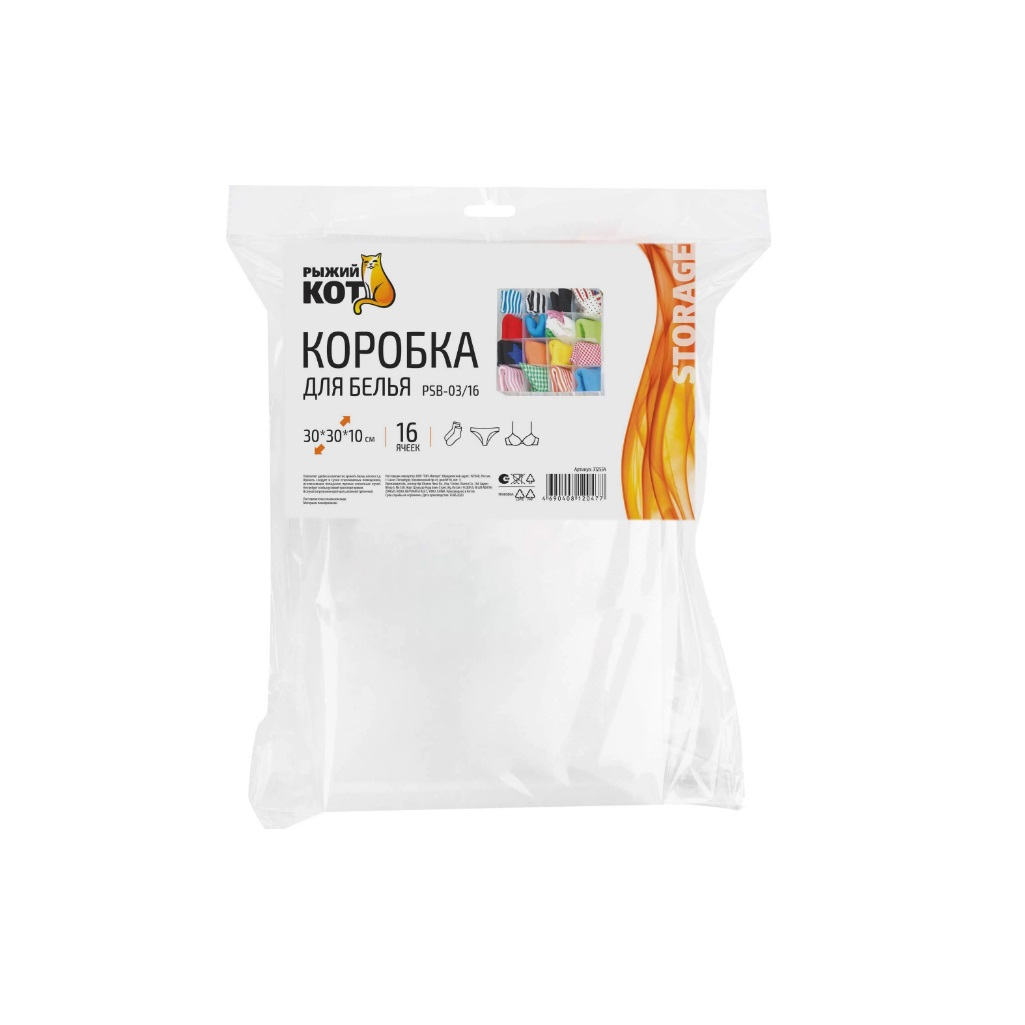 Коробка для белья Рыжий Кот PSB-03/16, 312554,16 ячеек, 100х300х300 мм, пластик, белый