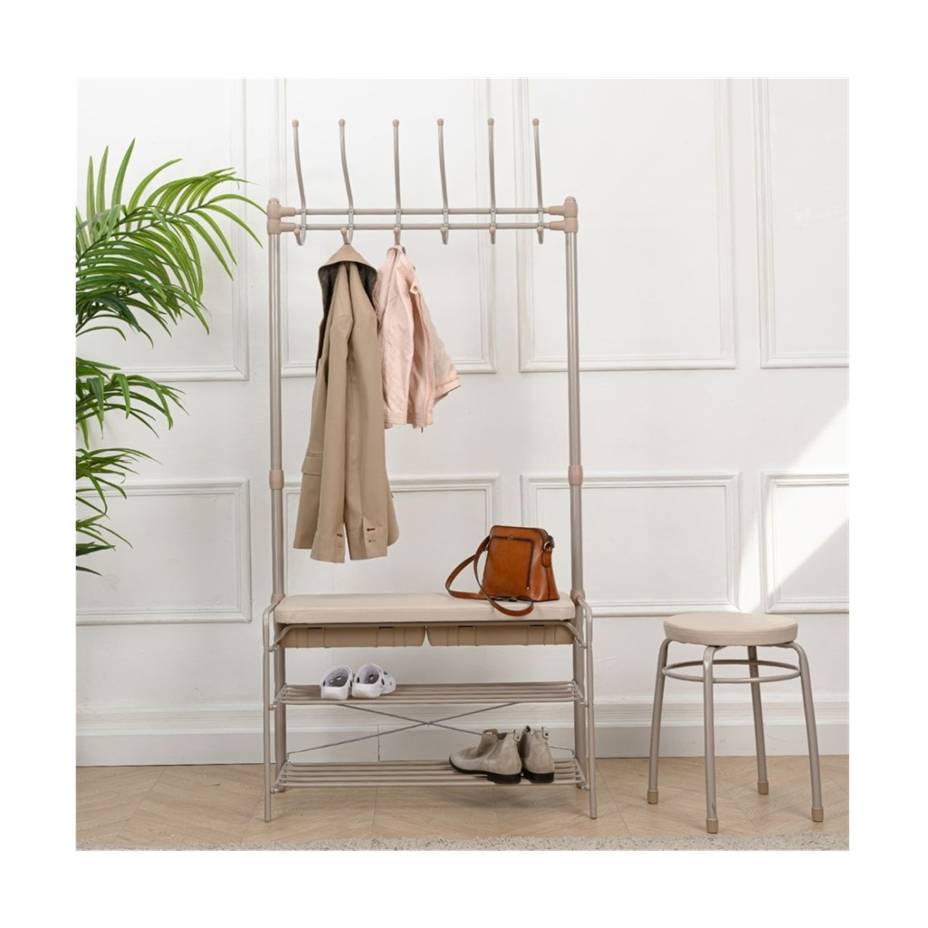 Вешалка напольная Ника, 2 полки, мягкое сиденье, слоновая кость, бежевый металлик, 33.5х82.5х175 см
