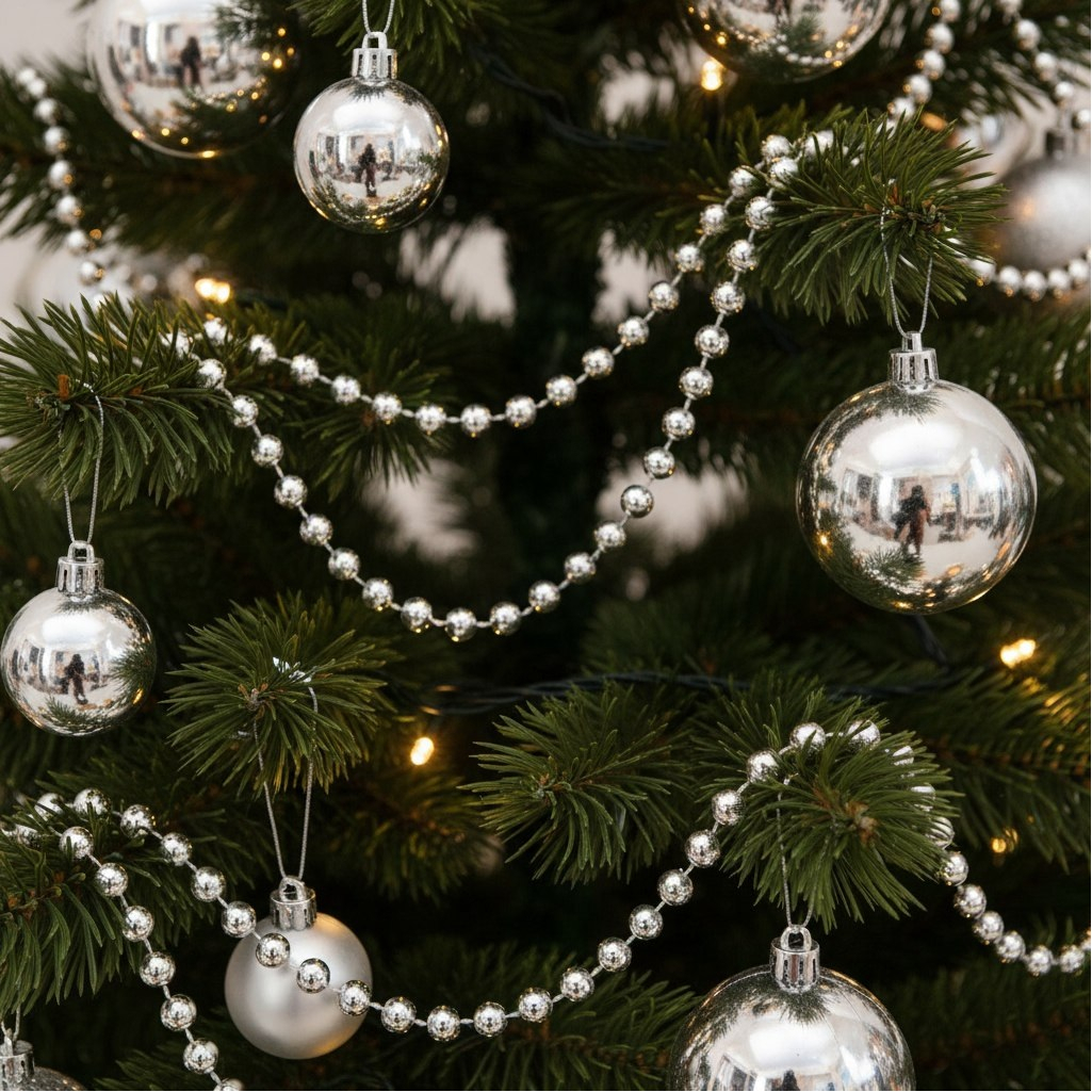 Бусы новогодние SY18ZL-81 S, пластик, круглые, серебряные, 1.4х500 см