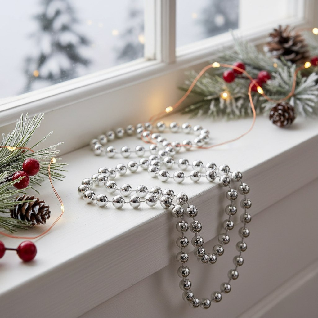 Бусы новогодние SY18ZL-81 S, пластик, круглые, серебряные, 1.4х500 см