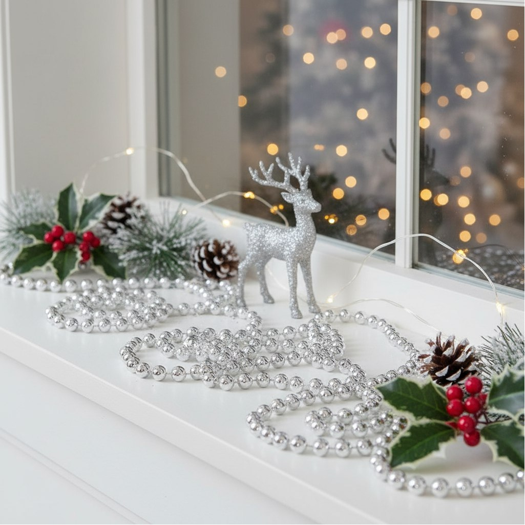 Бусы новогодние SY18ZL-81 S, пластик, круглые, серебряные, 1.4х500 см