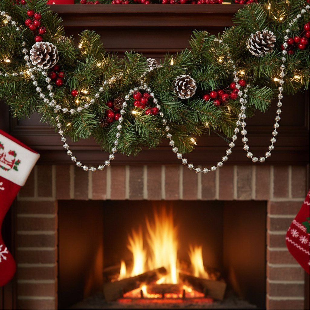 Бусы новогодние SY18ZL-81 S, пластик, круглые, серебряные, 1.4х500 см