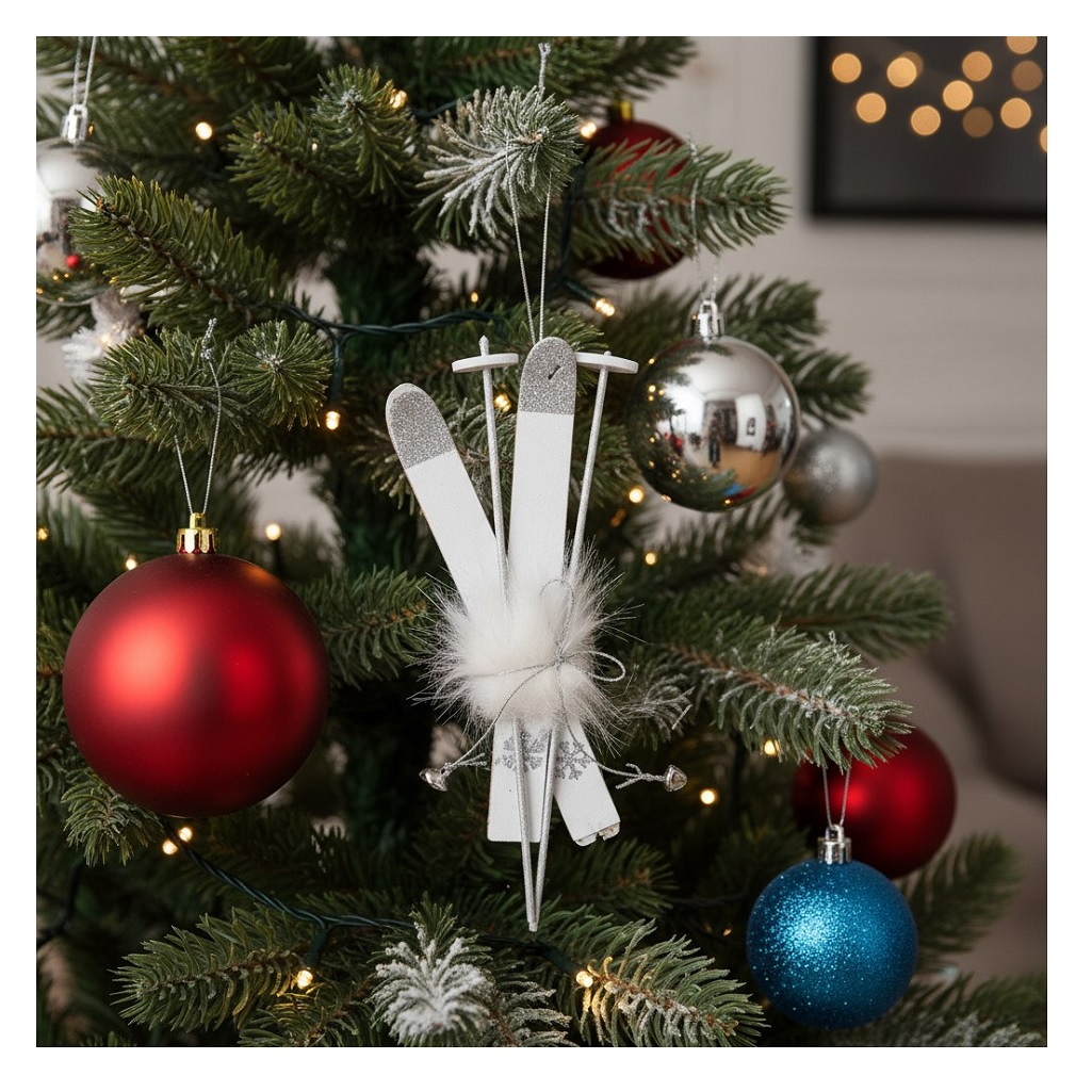Подвеска новогодняя Лыжи 4186494, дерево и текстиль, белый, длина 15 см