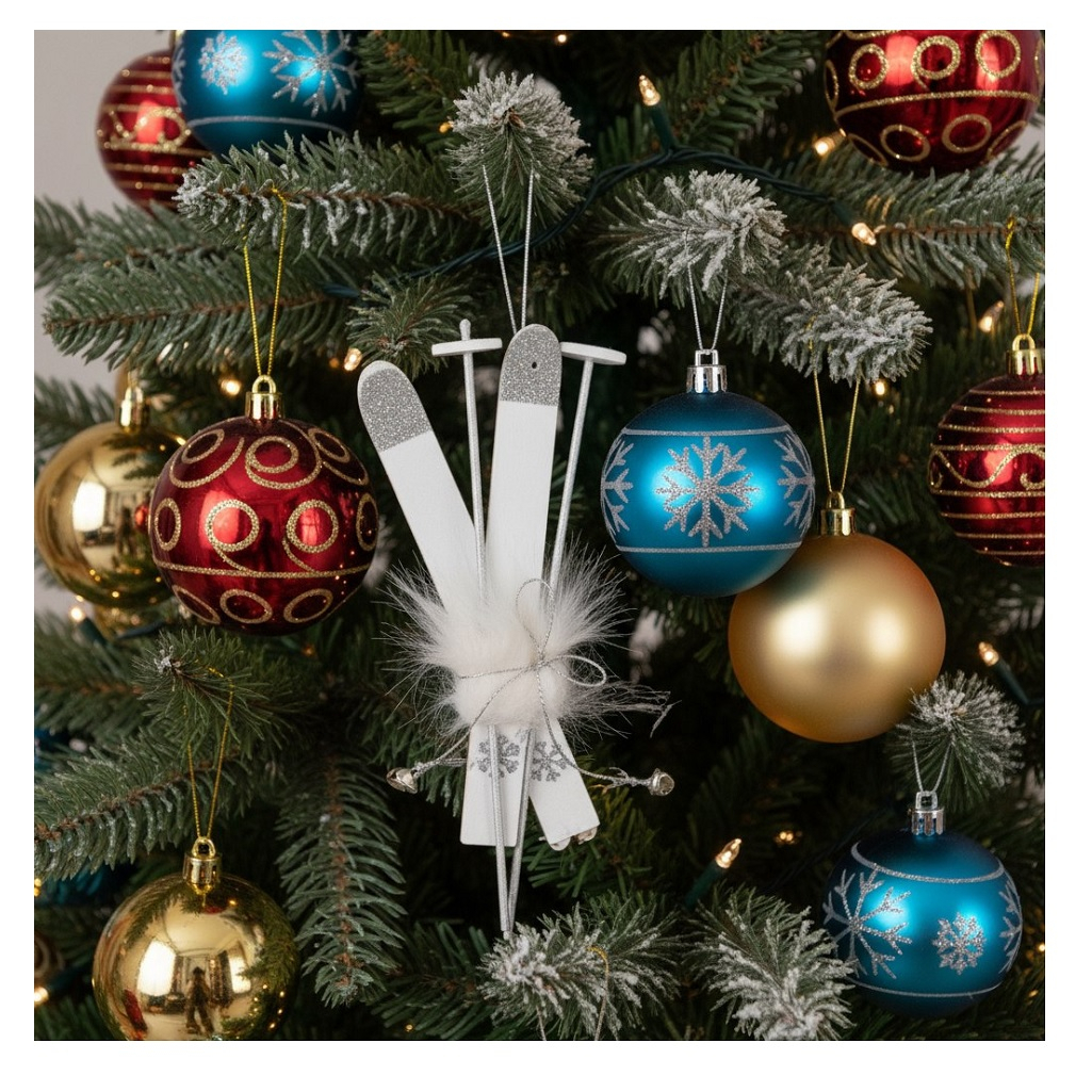 Подвеска новогодняя Лыжи 4186494, дерево и текстиль, белый, длина 15 см