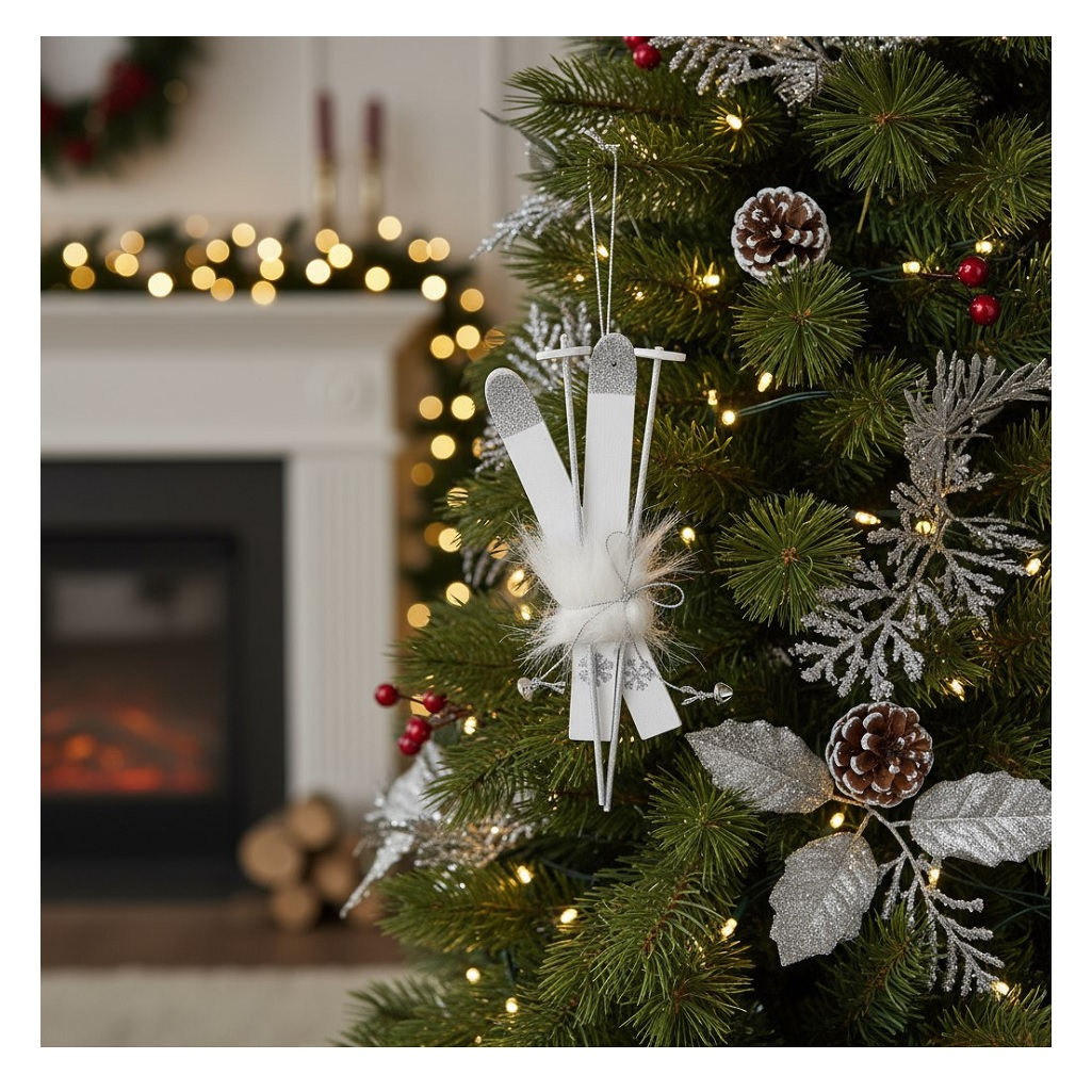 Подвеска новогодняя Лыжи 4186494, дерево и текстиль, белый, длина 15 см