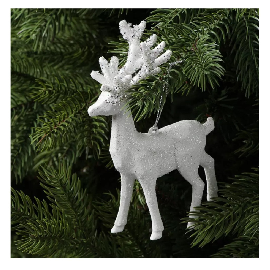 Украшение елочное Y4-9385, Олень, пластик, белый с серебром, диаметр 16 см