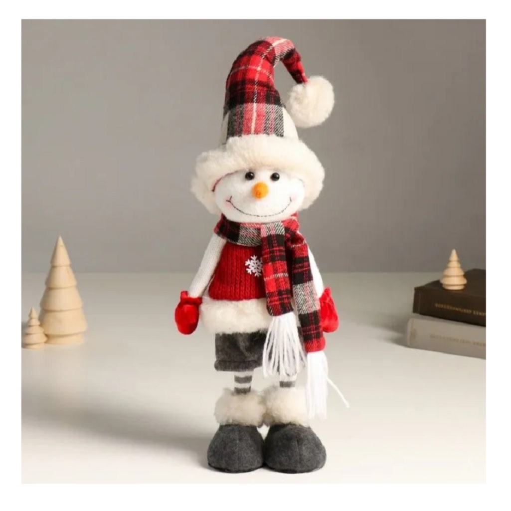Кукла интерьерная Simaland 9488067, Снеговик в жилете со снежинкой и клетчатом колпаке, 44 см