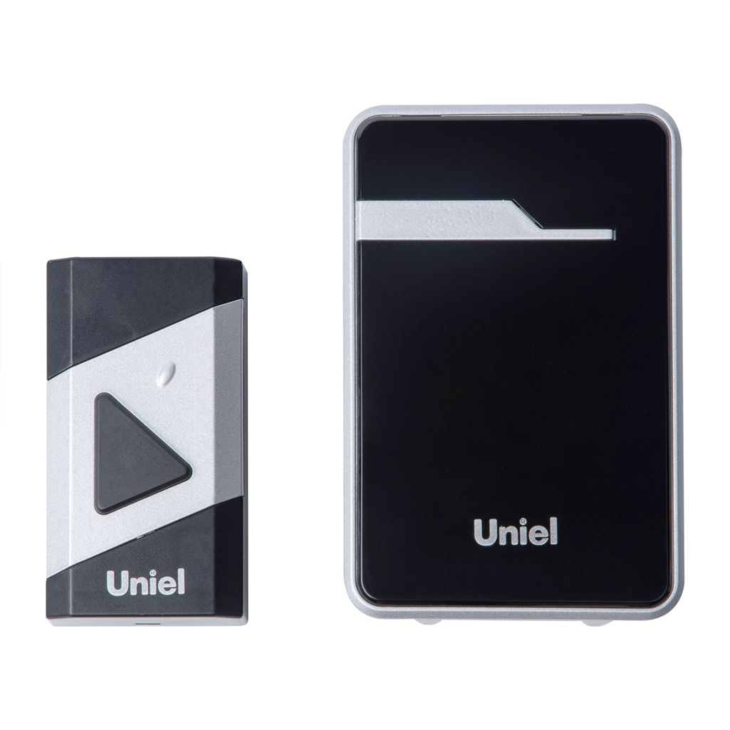 Звонок беспроводной Uniel UDB-016W-R1T1-38S-150M-BL-SL накладной, 38 мелодий, черный с серебристым