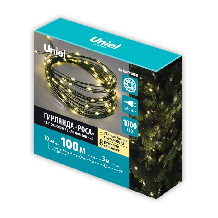 Гирлянда светодиодная Uniel Роса ULD-S10000-1000/DGA warm white, IP20, нить, Теплый свет UL-00012089, 100 м