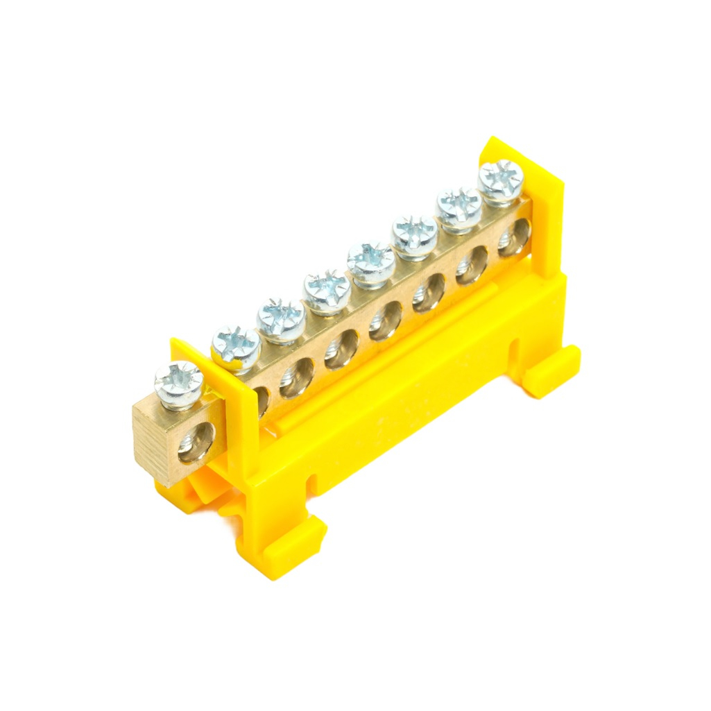 Шина заземления Stekker РЕ на изоляторе типа стойка на DIN-рейку, LD556-69-8, 8 выводов, желтая