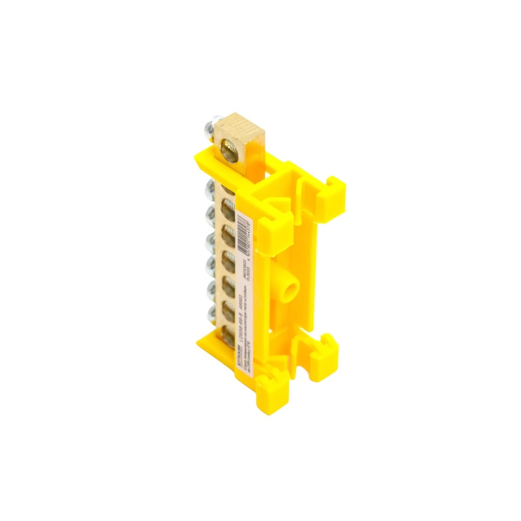 Шина заземления Stekker РЕ на изоляторе типа стойка на DIN-рейку, LD556-69-8, 8 выводов, желтая