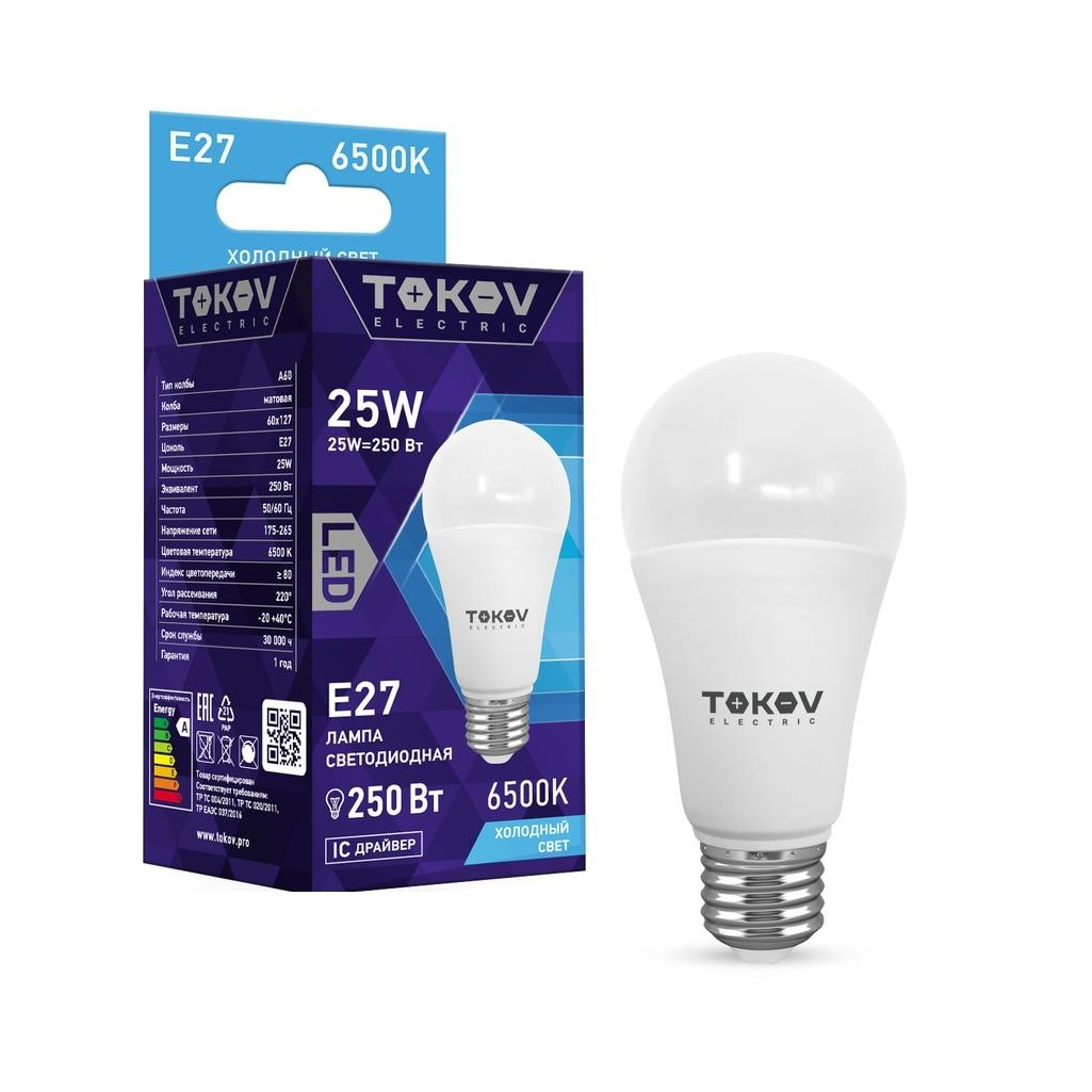Лампа светодиодная Tokov Electric TKE-A60-E27-25-6.5K, 25Вт, А60, 6500К, Е27