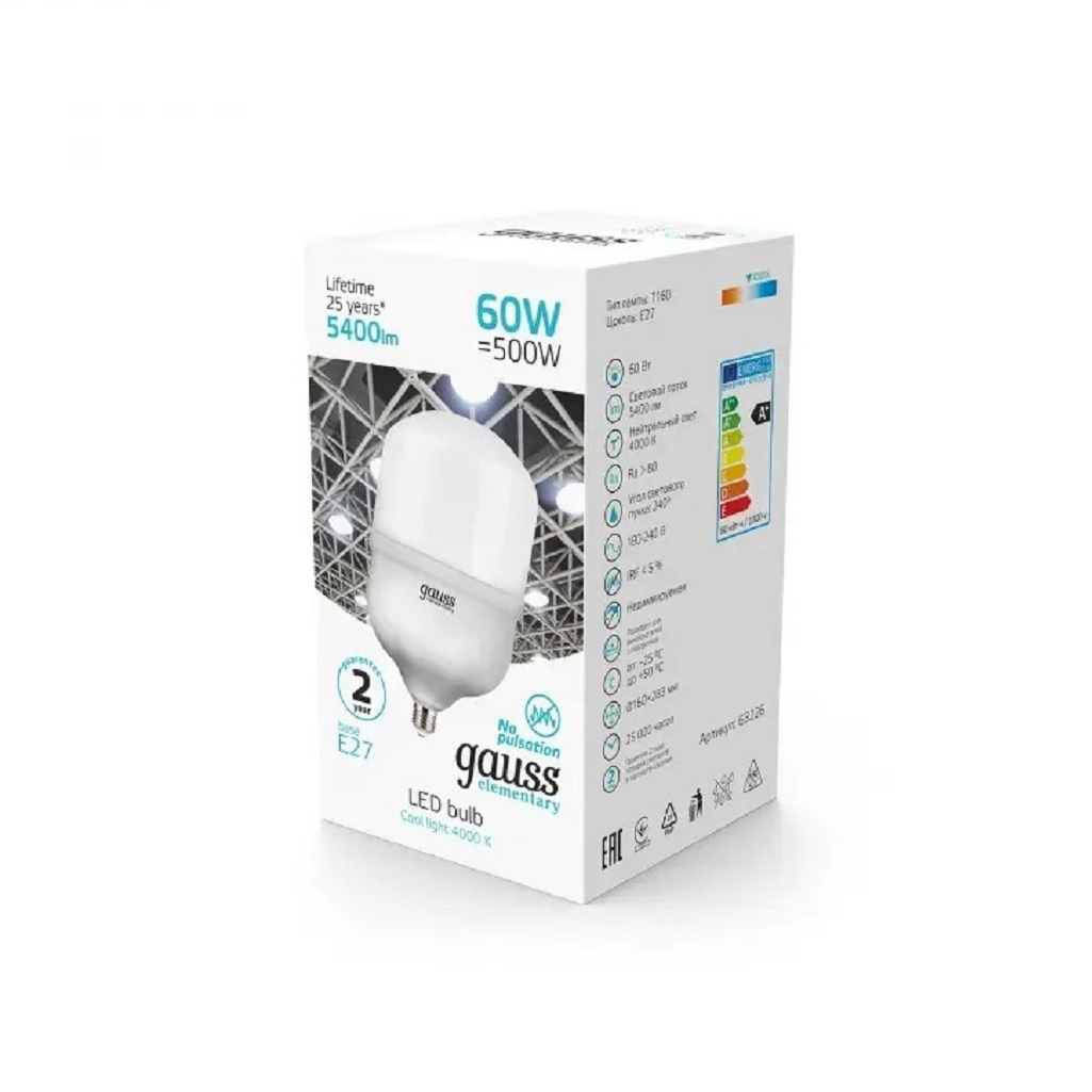 Лампа Gauss Elementary 63226, T140 60 Вт, Е27, алюминий, 4000К нейтральный белый свет