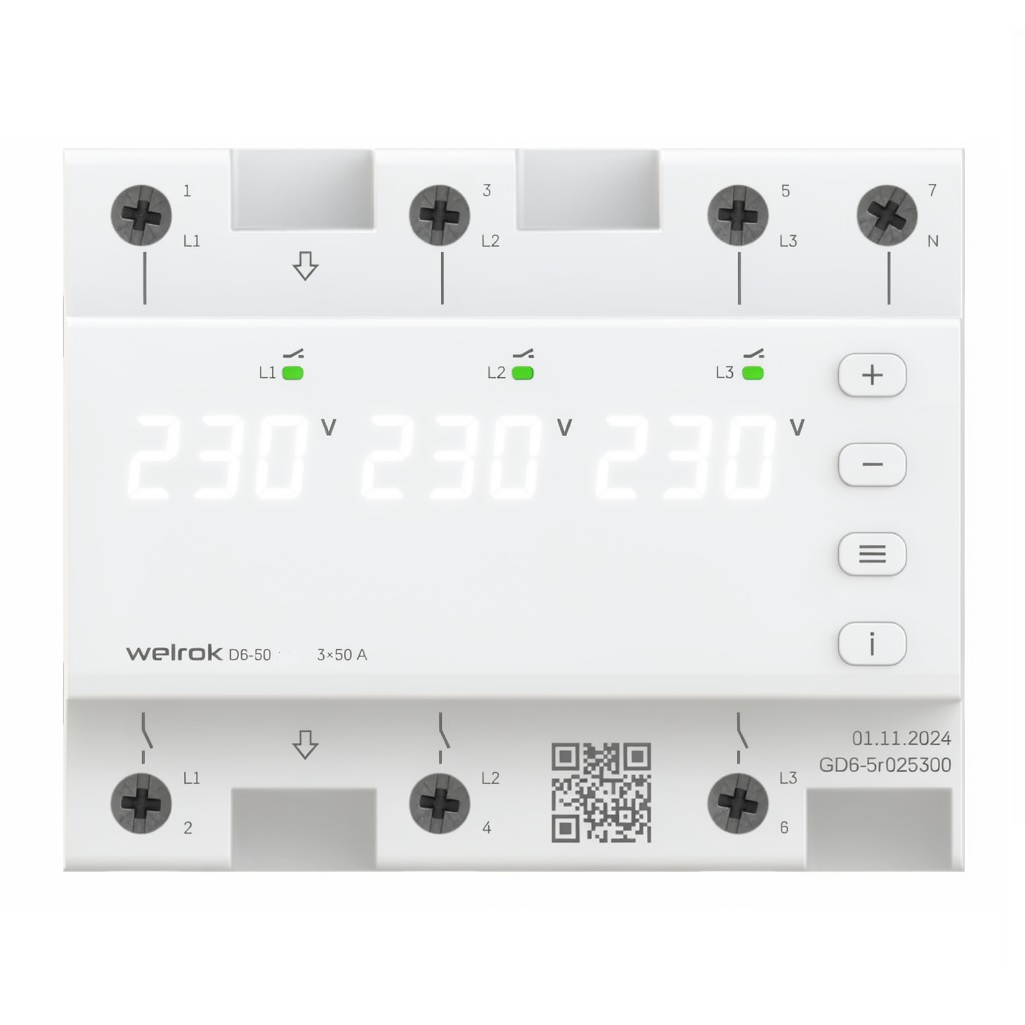 Реле напряжения Welrok D6-50, трехфазное, с белой индикацией