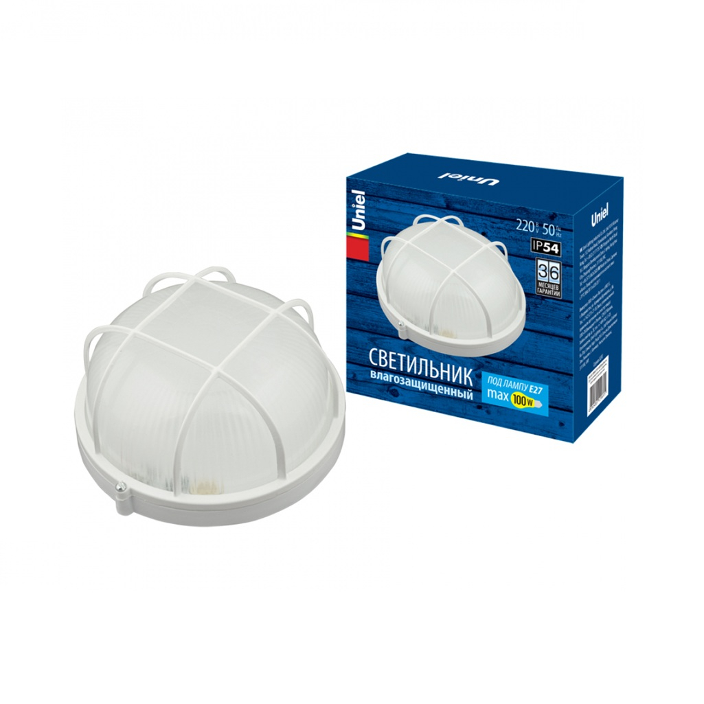 Светильник влагозащищенный Uniel UWL-R02 круг, решетка, накладной, Е27, IP54, белый