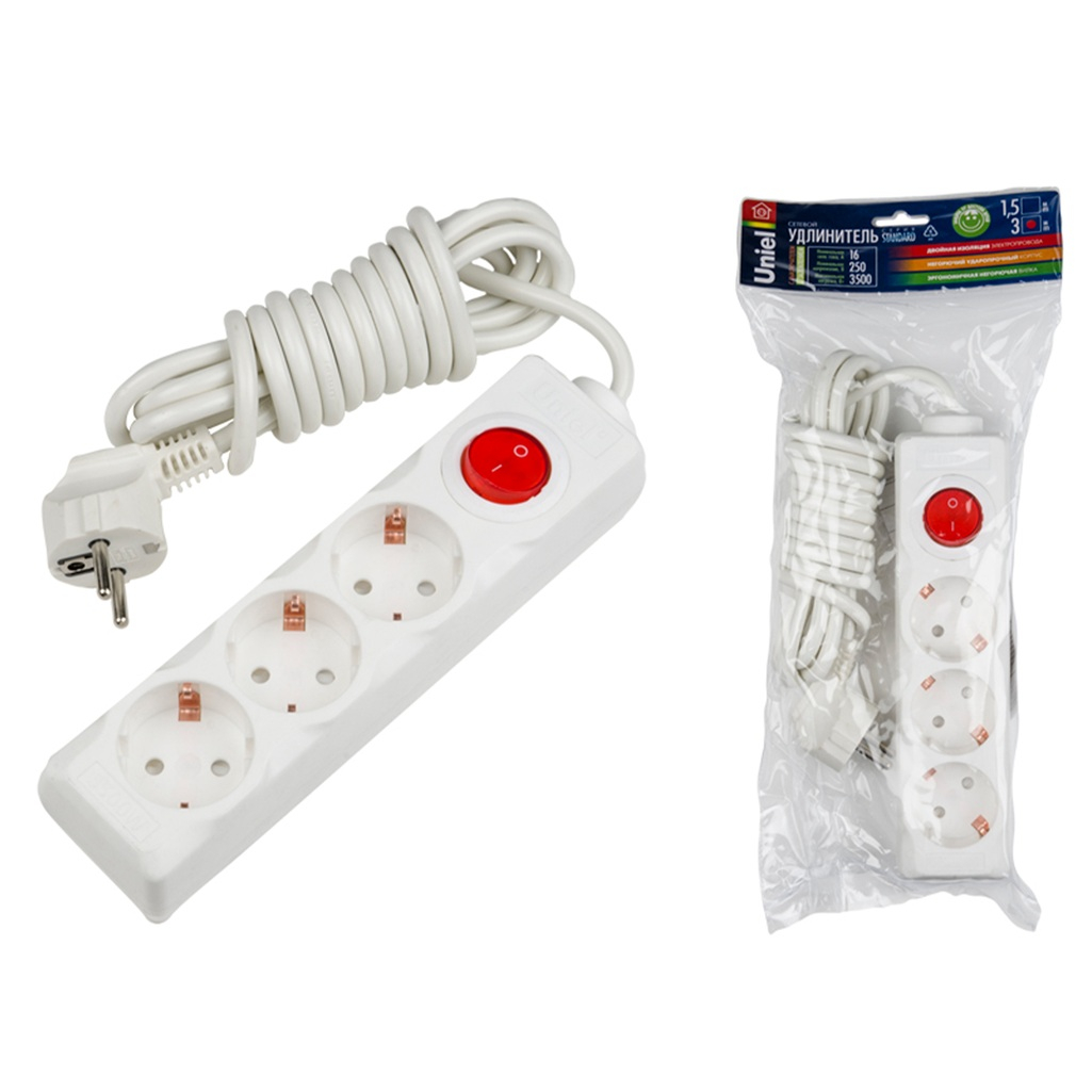 Удлинитель Uniel Standard S-GCD3-3B ПВС, с заземлением, 3 розетки, 3 м, 3.5 кВт