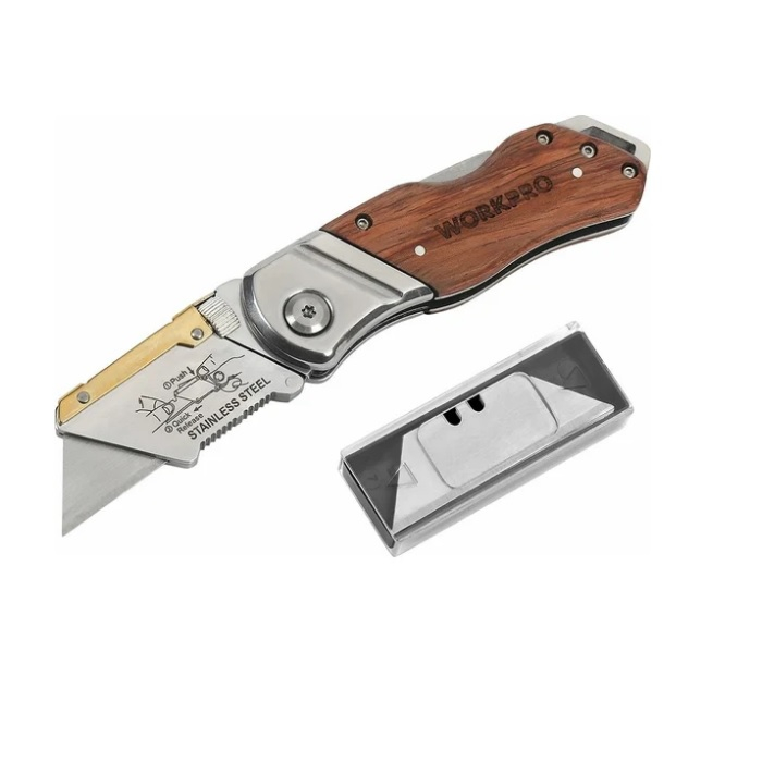 Нож складной Workpro, ручка из дерева WP211014
