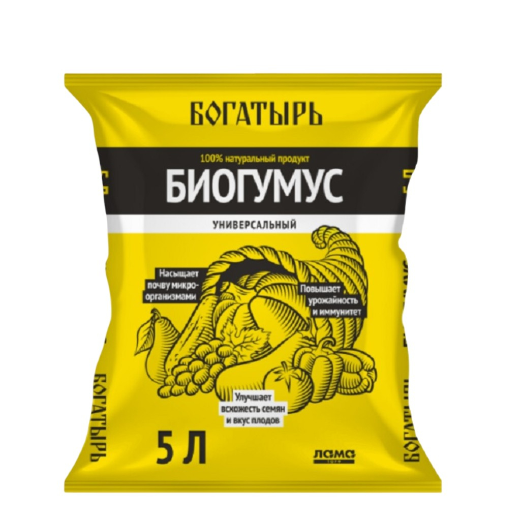 Удобрение Лама Торф Богатырь Биогумус универсальный, для повышения урожайности и иммунитета, 5 л