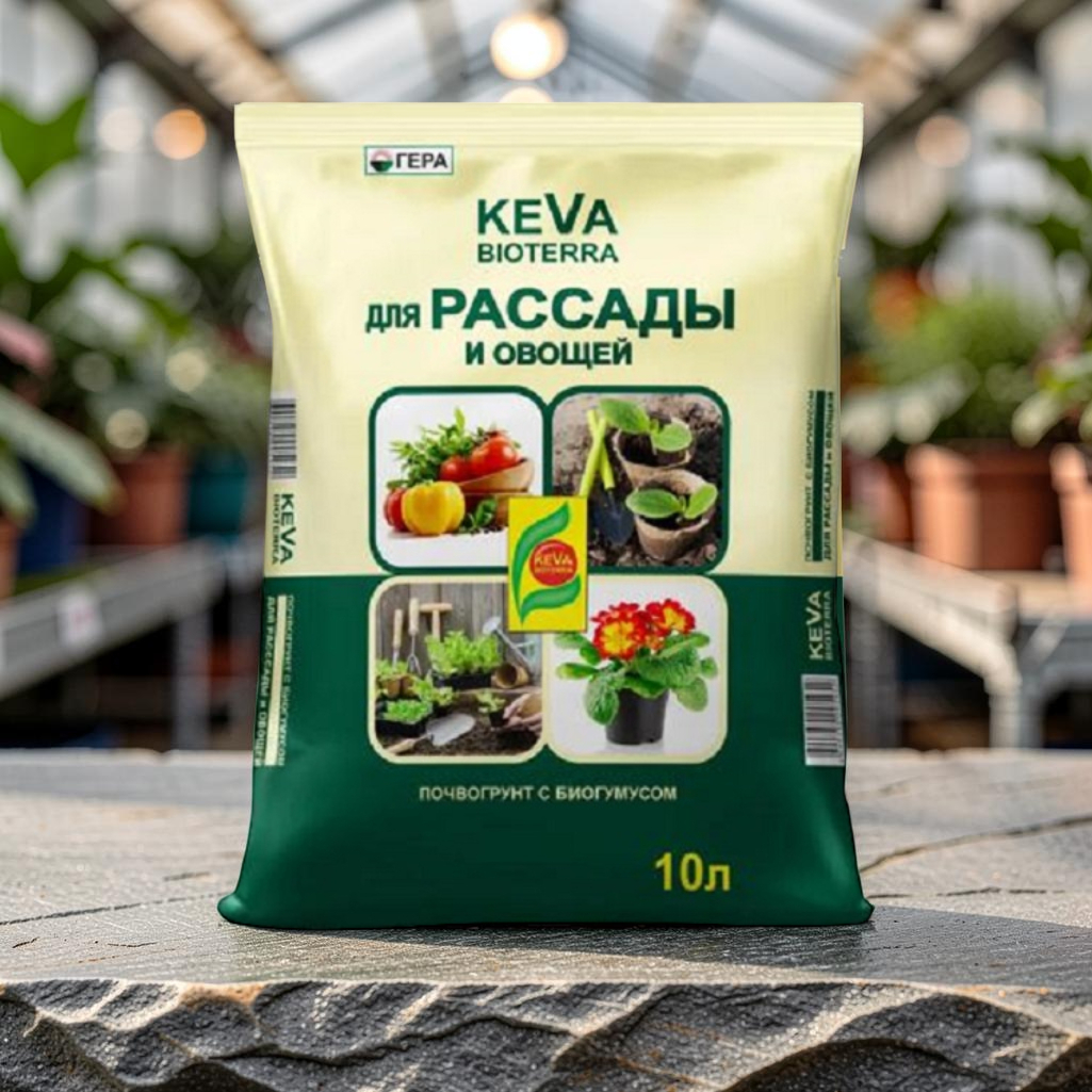 Почвогрунт Гера Keva Bioterra для рассады и овощей, содержит биогумус, 10 л
