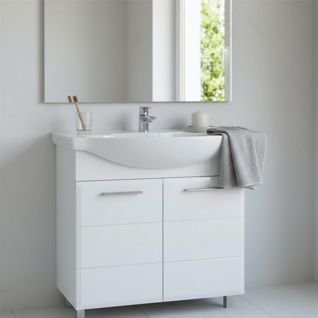 Тумба Runo Эрика 75 напольная, белая + раковина Runo Элеганс 75