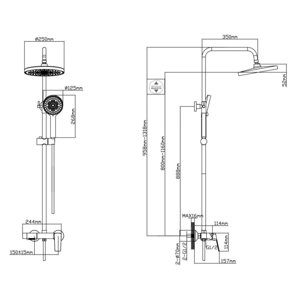 Душевая система AV Engineering AVWIN16-A165-135 D35, цвет черный, тропический душ